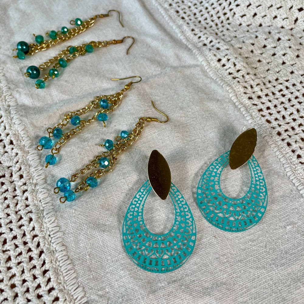 Lot of 3 Pairs‎ Boho Teal Turquoise Gold Dangle Earrings Filigree Beaded Chain